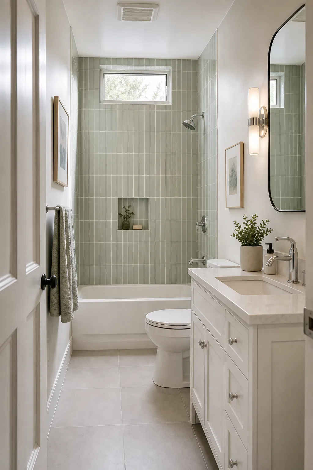 Narrow bathroom with vertical stacked tile that makes the room feel taller