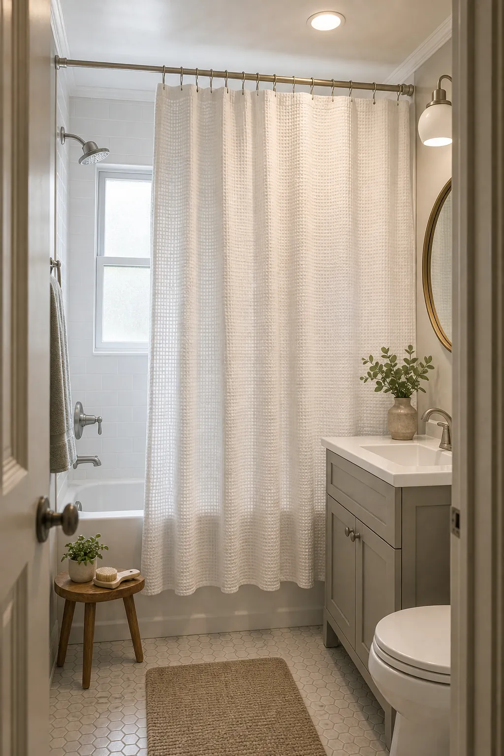 Small bathroom with a high mounted shower curtain that makes the room taller