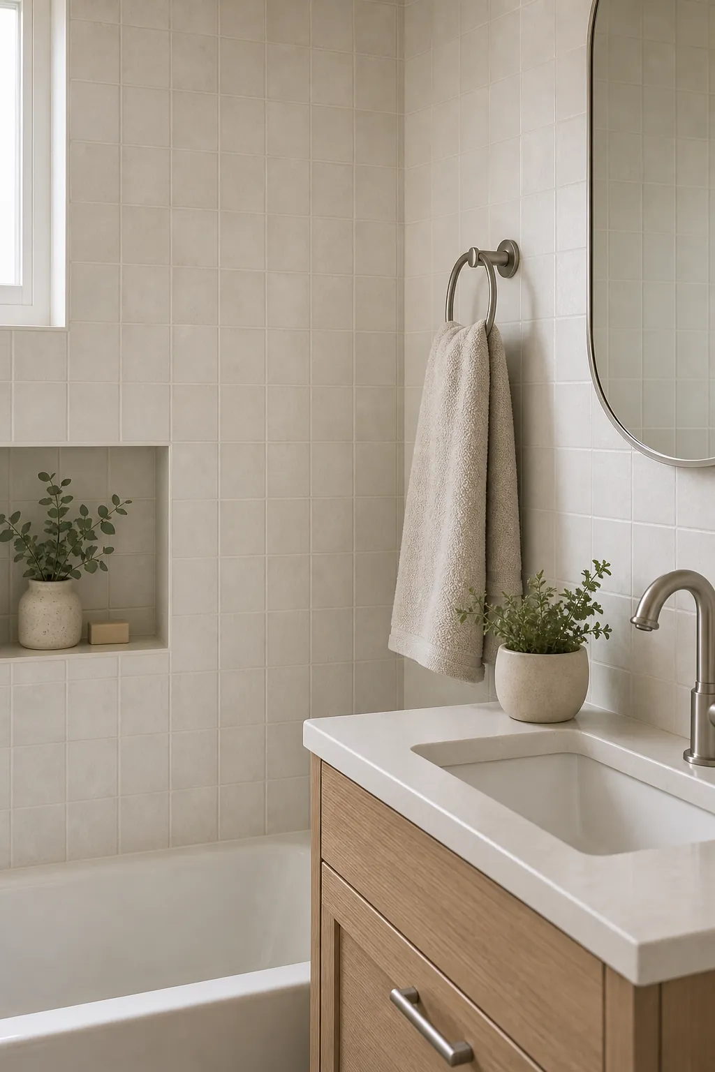 Small bathroom with low contrast grout for a calm tile look