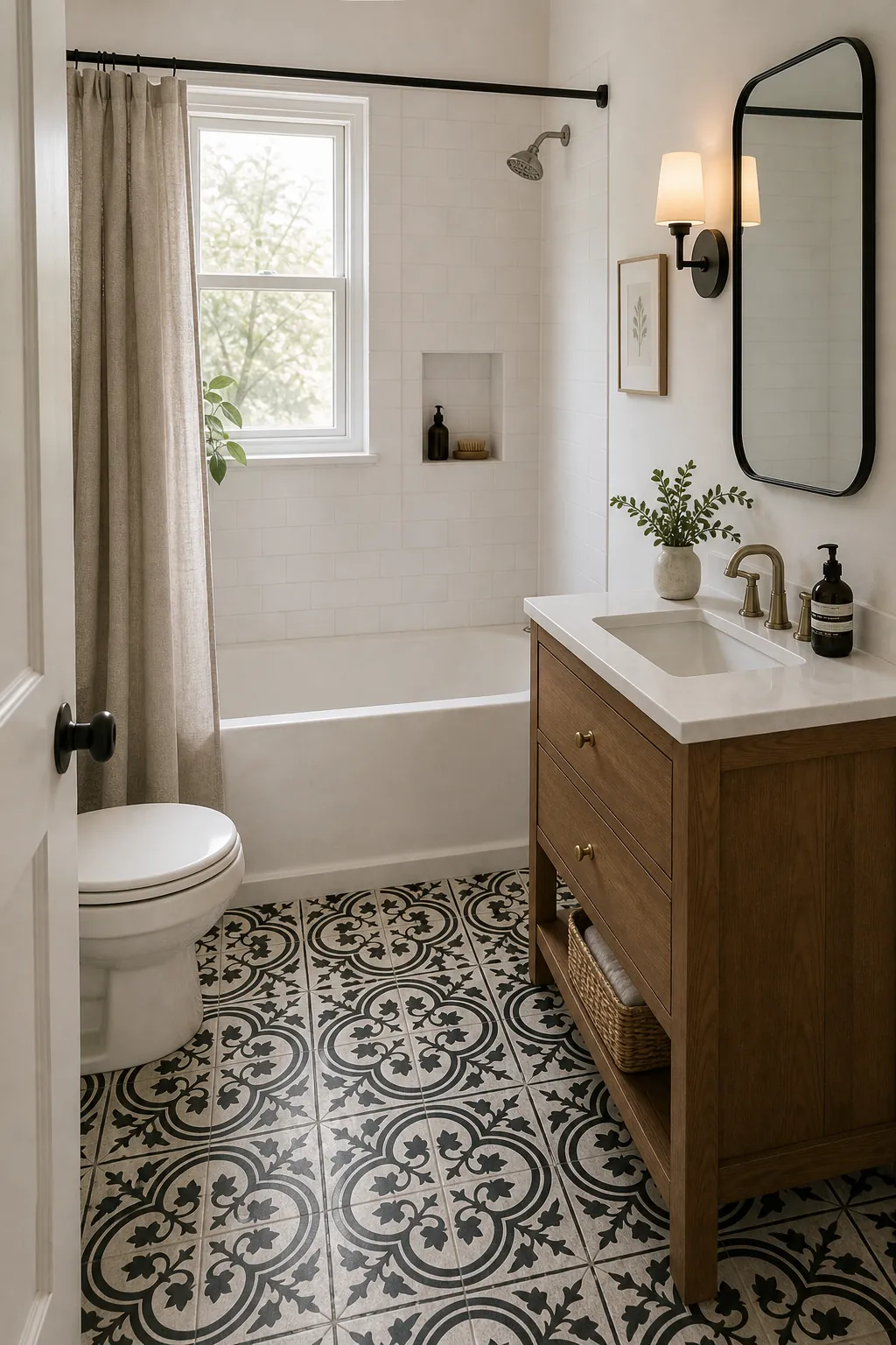 Small bathroom with patterned floor tile and simple white walls