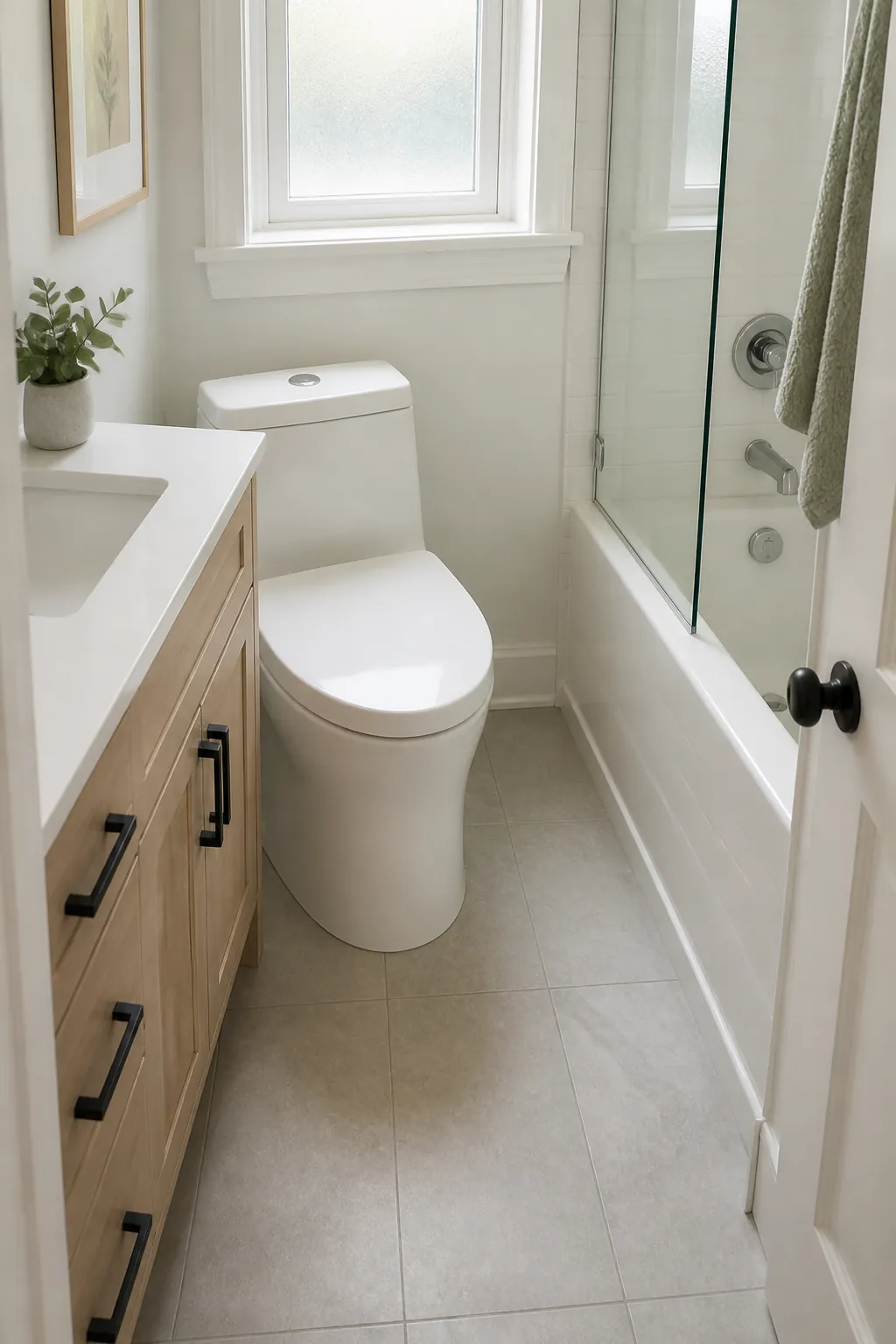 Small bathroom with a slim profile toilet and open floor clearance