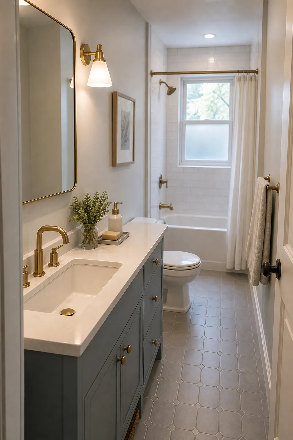 Narrow bathroom vanity with an offset sink and usable counter space