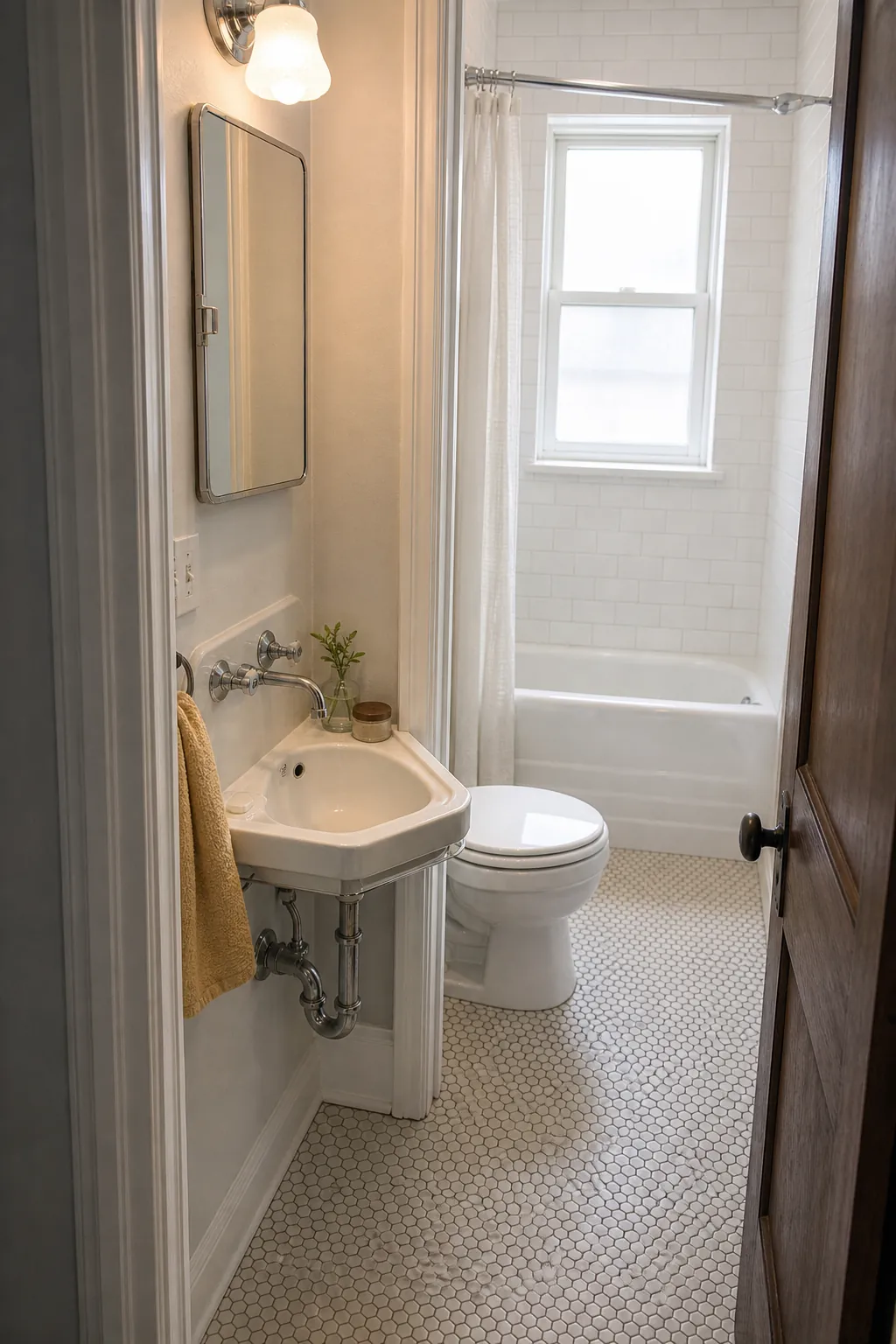Tiny full bathroom with a corner sink that clears the doorway