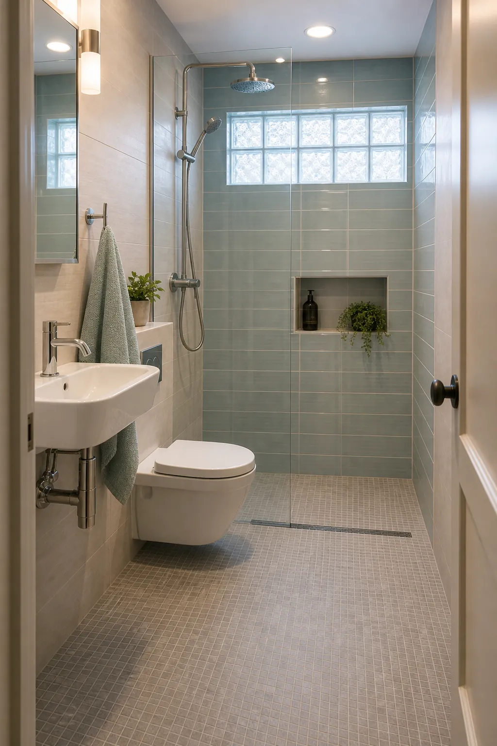 Tiny full bathroom designed as a wet room with a glass shower panel
