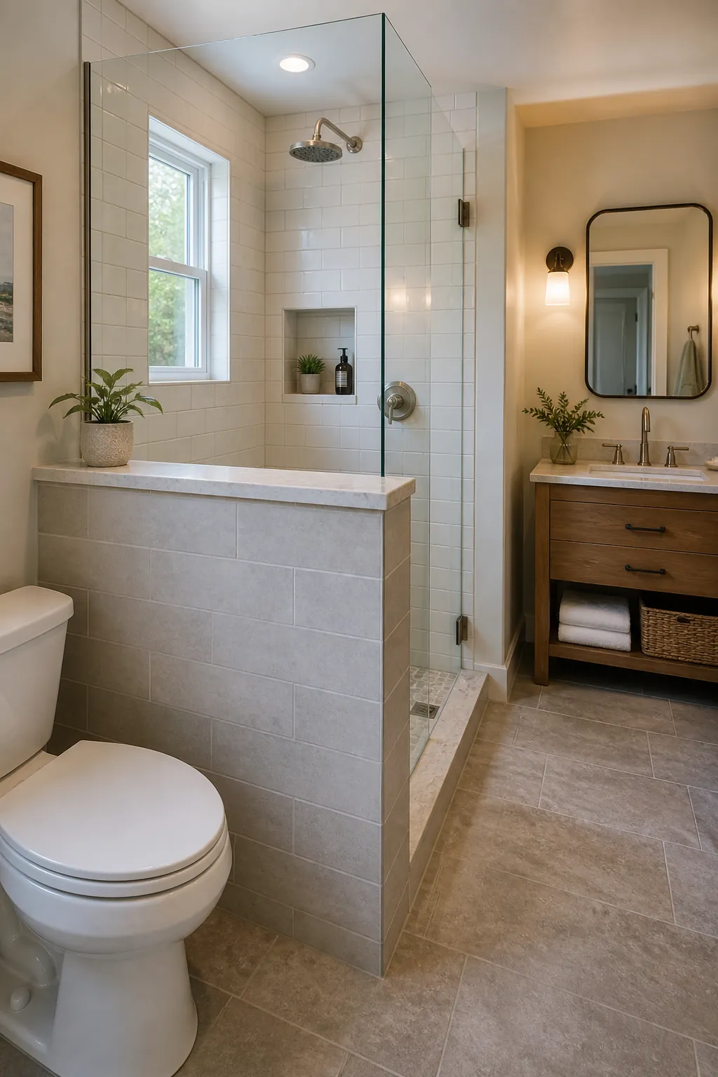 Small bathroom half wall separating the toilet and shower without blocking light