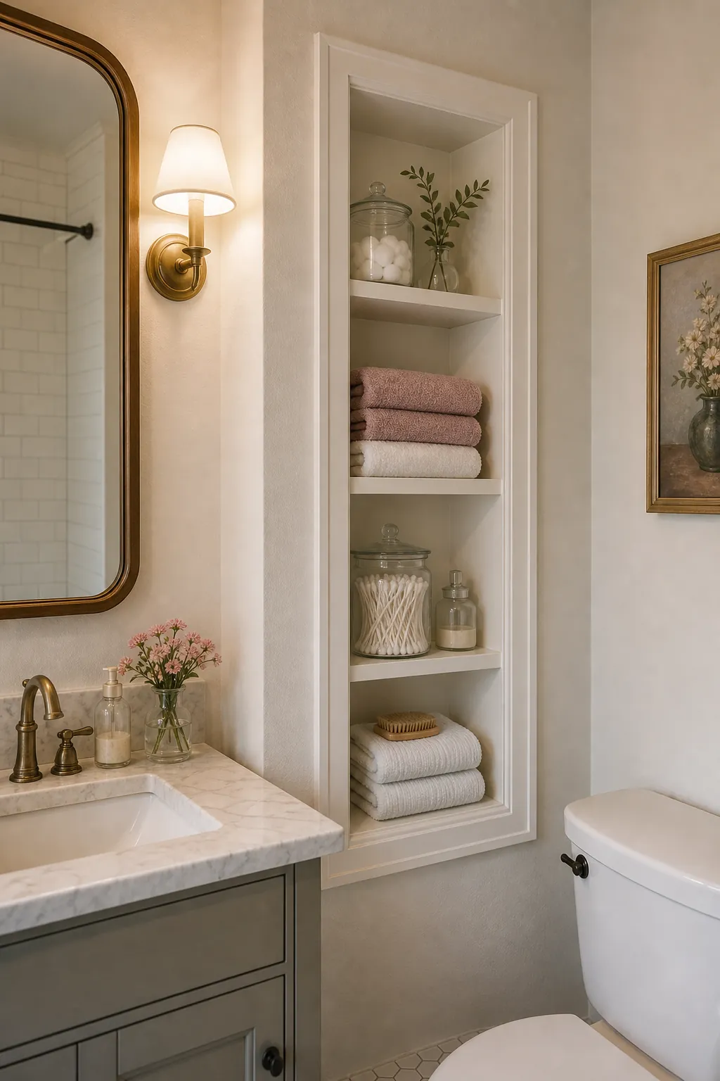 Small bathroom with recessed shelves built between wall studs