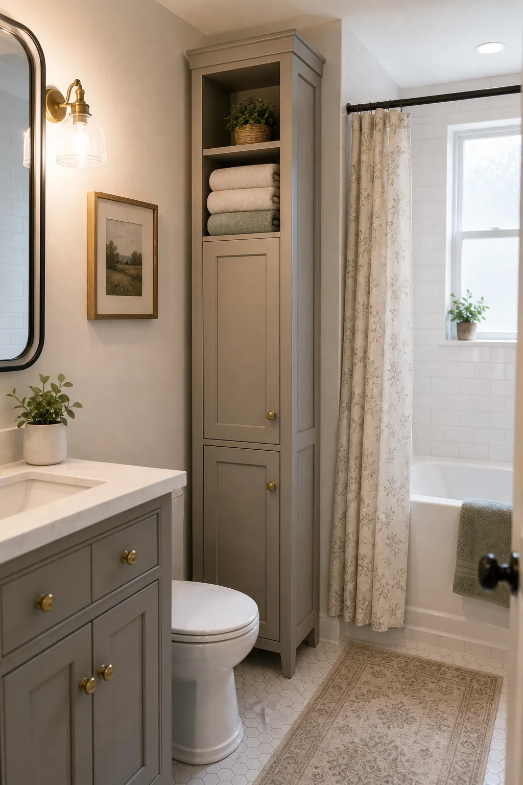 Small bathroom with a tall skinny linen cabinet for vertical storage