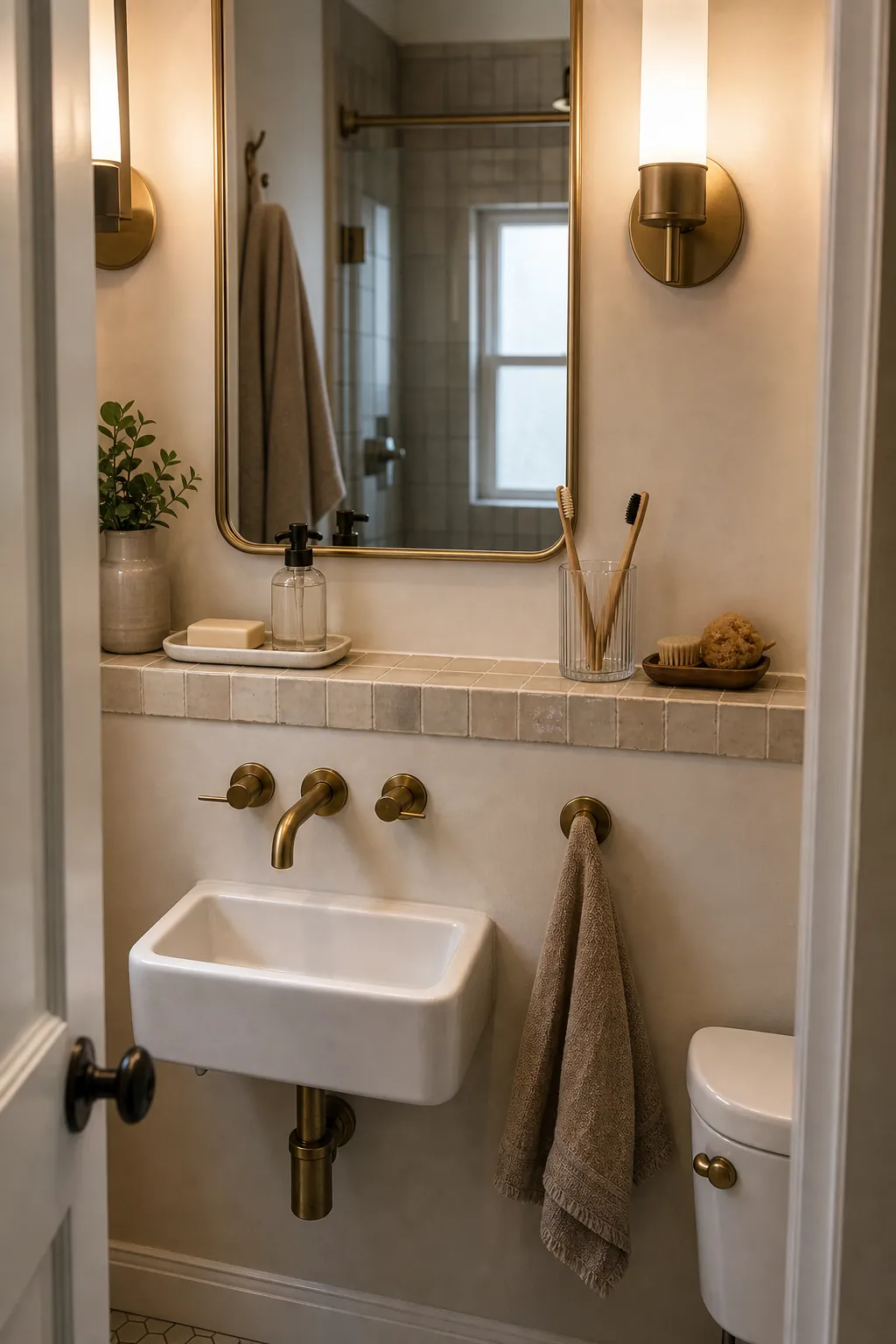 Tiny bathroom vanity with a slim wall ledge for daily essentials