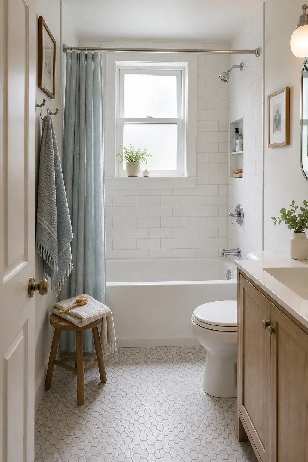 Small full bathroom with a compact bathtub and simple surrounding tile