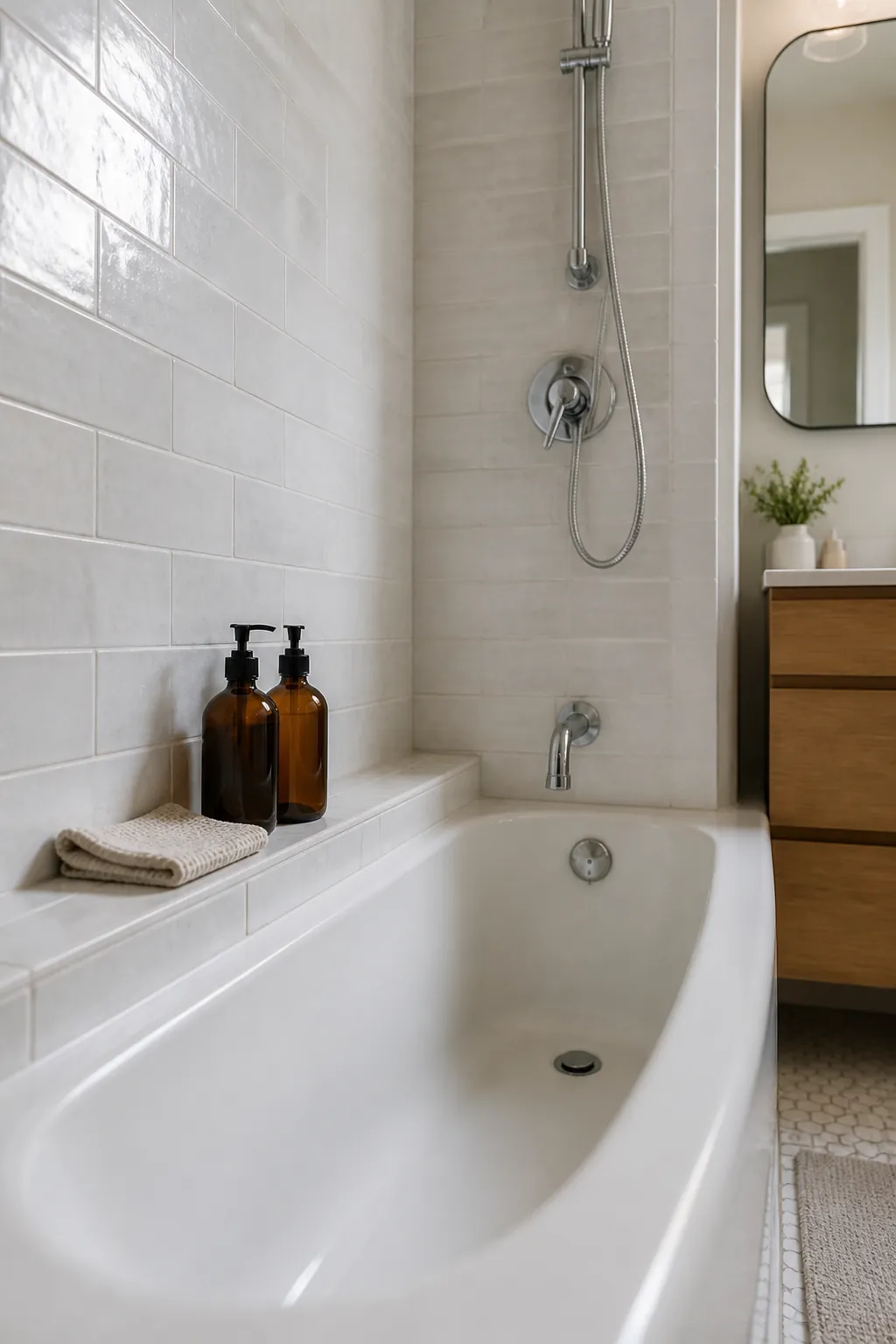 Small full bathroom tub ledge used for neat bath storage