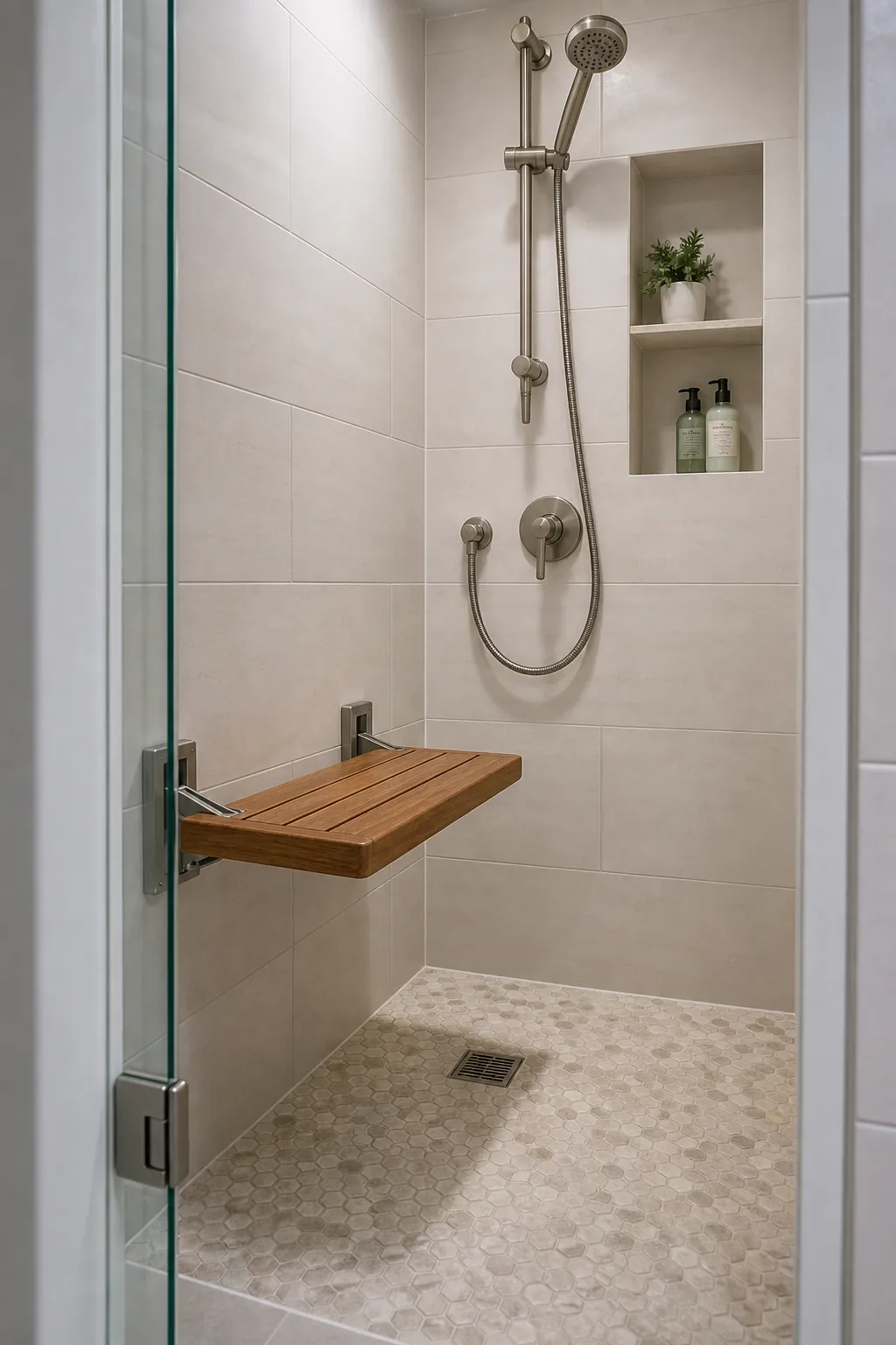 Small shower with a fold down bench that saves space when not in use