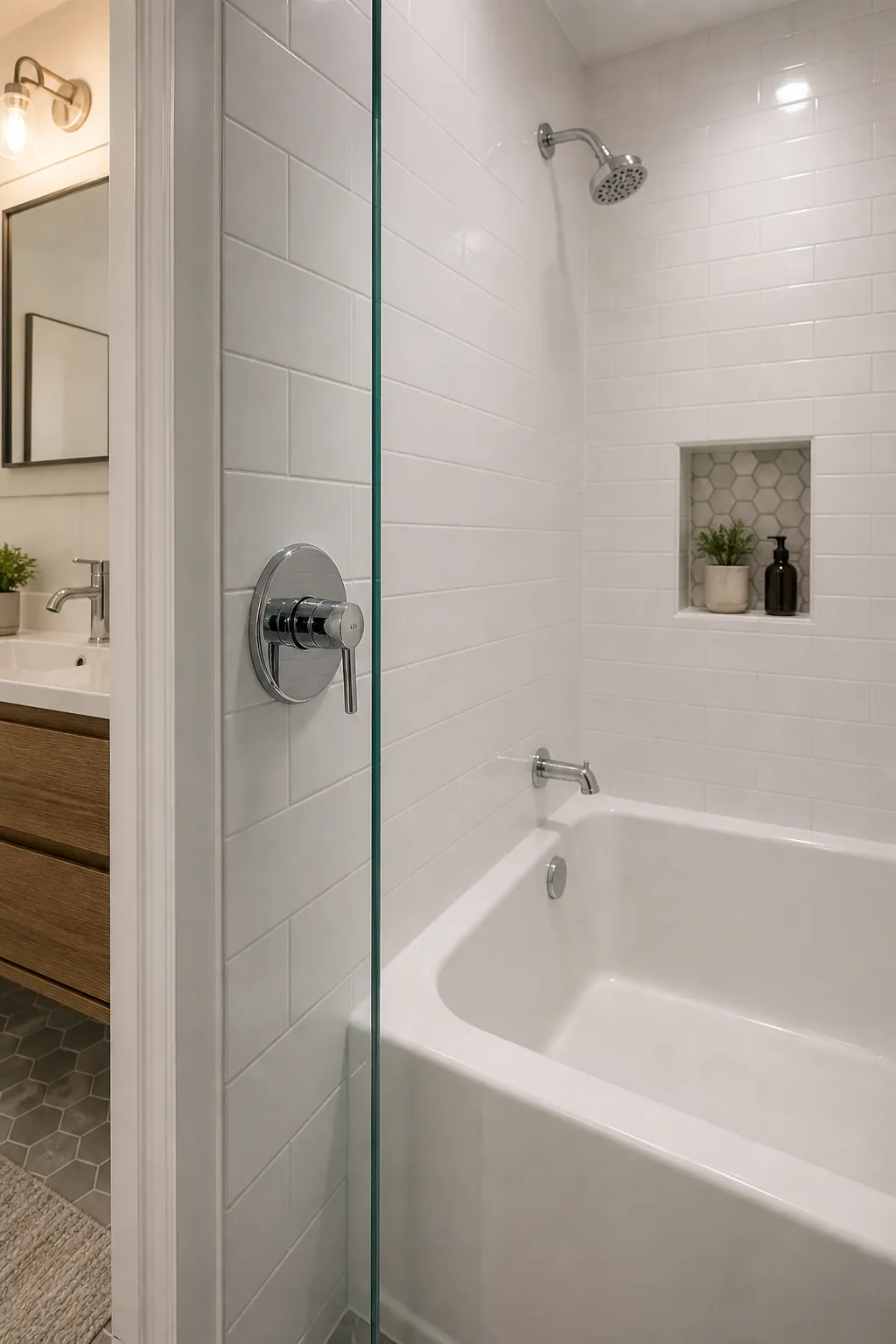 Small bathroom shower valve placed near the entry for easier use