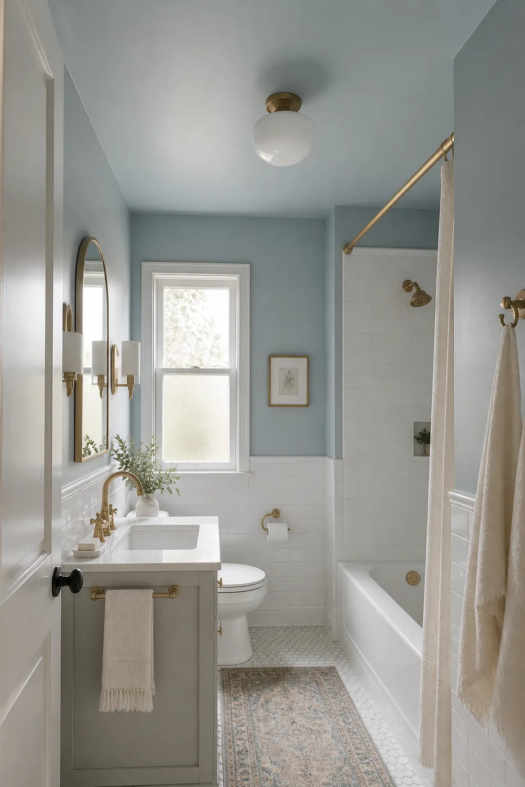 Tiny bathroom with walls and ceiling painted the same soft color