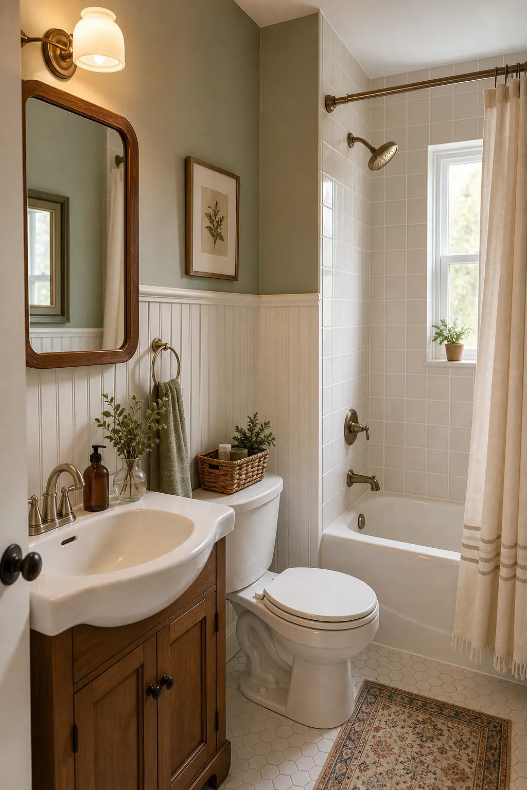 Small bathroom with beadboard on dry walls and tile in wet areas