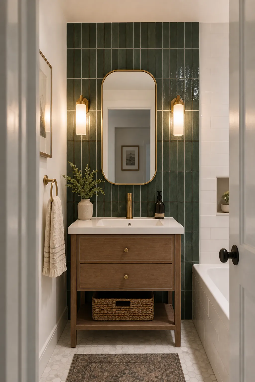 Small bathroom with one strong vanity accent wall and quiet surrounding surfaces