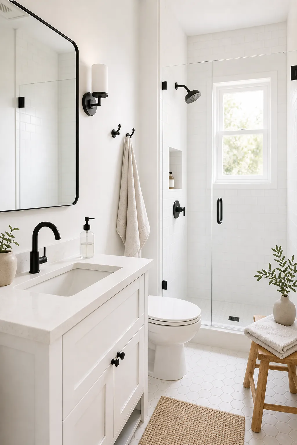 Small white bathroom with sparse black accents on mirror hooks and faucet