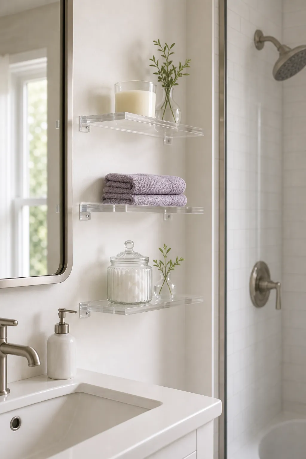 Narrow bathroom with clear acrylic shelves that do not look bulky
