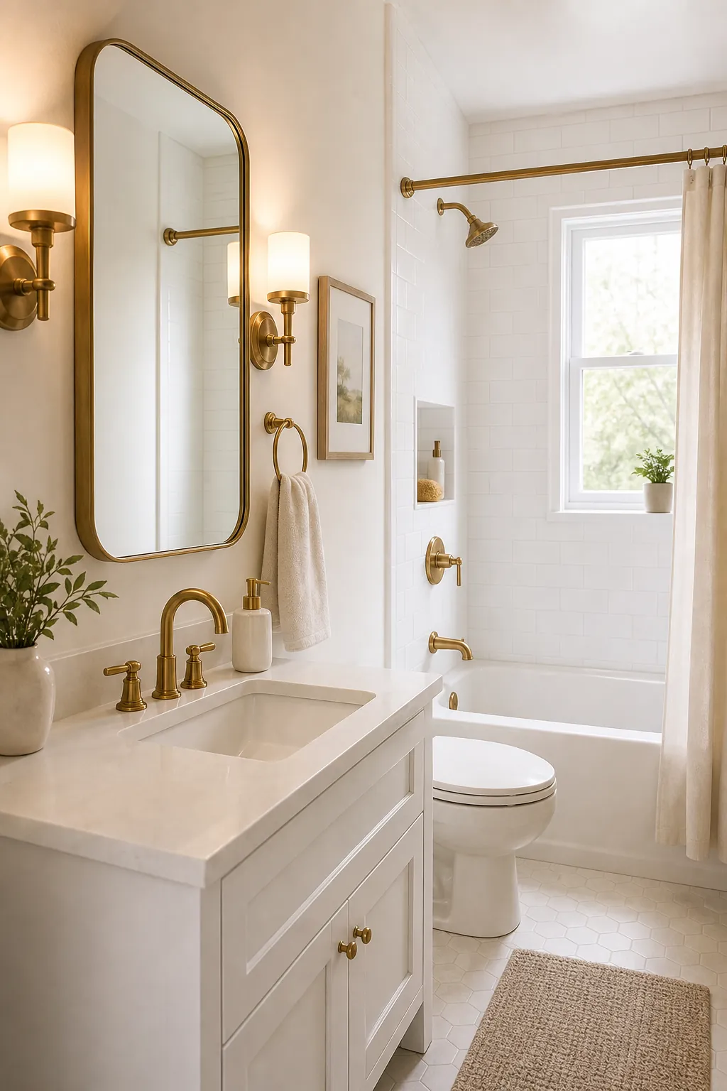 Tiny bathroom with warm brass fixtures for a softer look