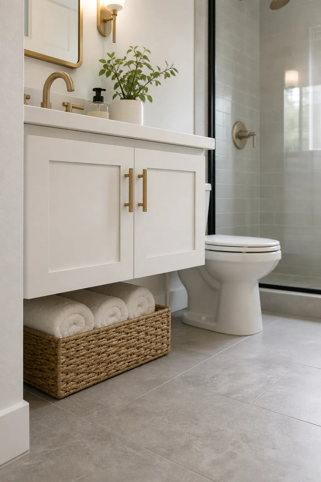 Small bathroom with baskets under a floating vanity for extra storage