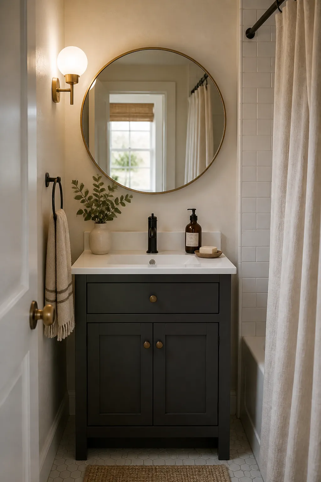 Small bathroom vanity with a round mirror on a tight wall