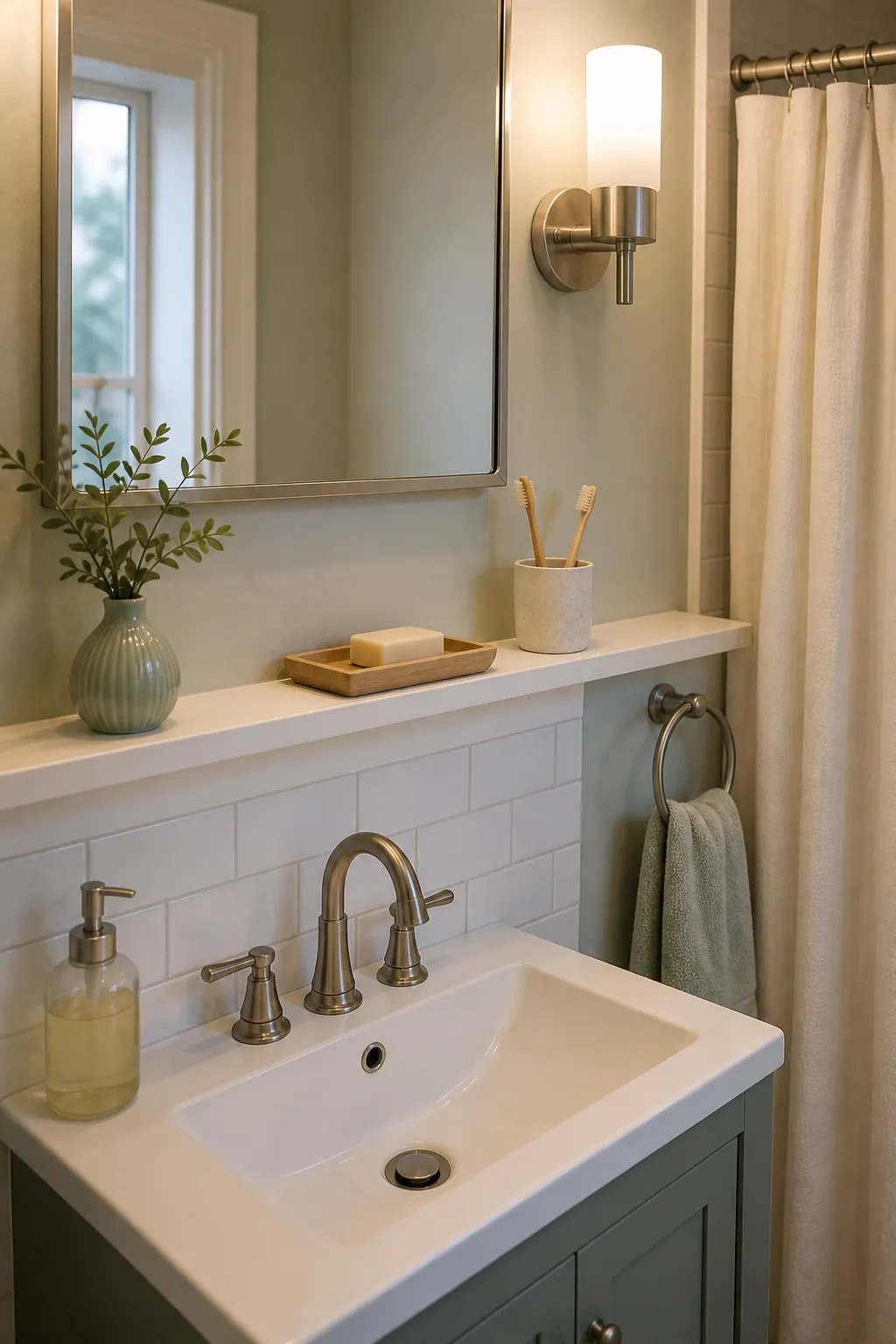 Small bathroom with a long shallow ledge above the vanity for small essentials