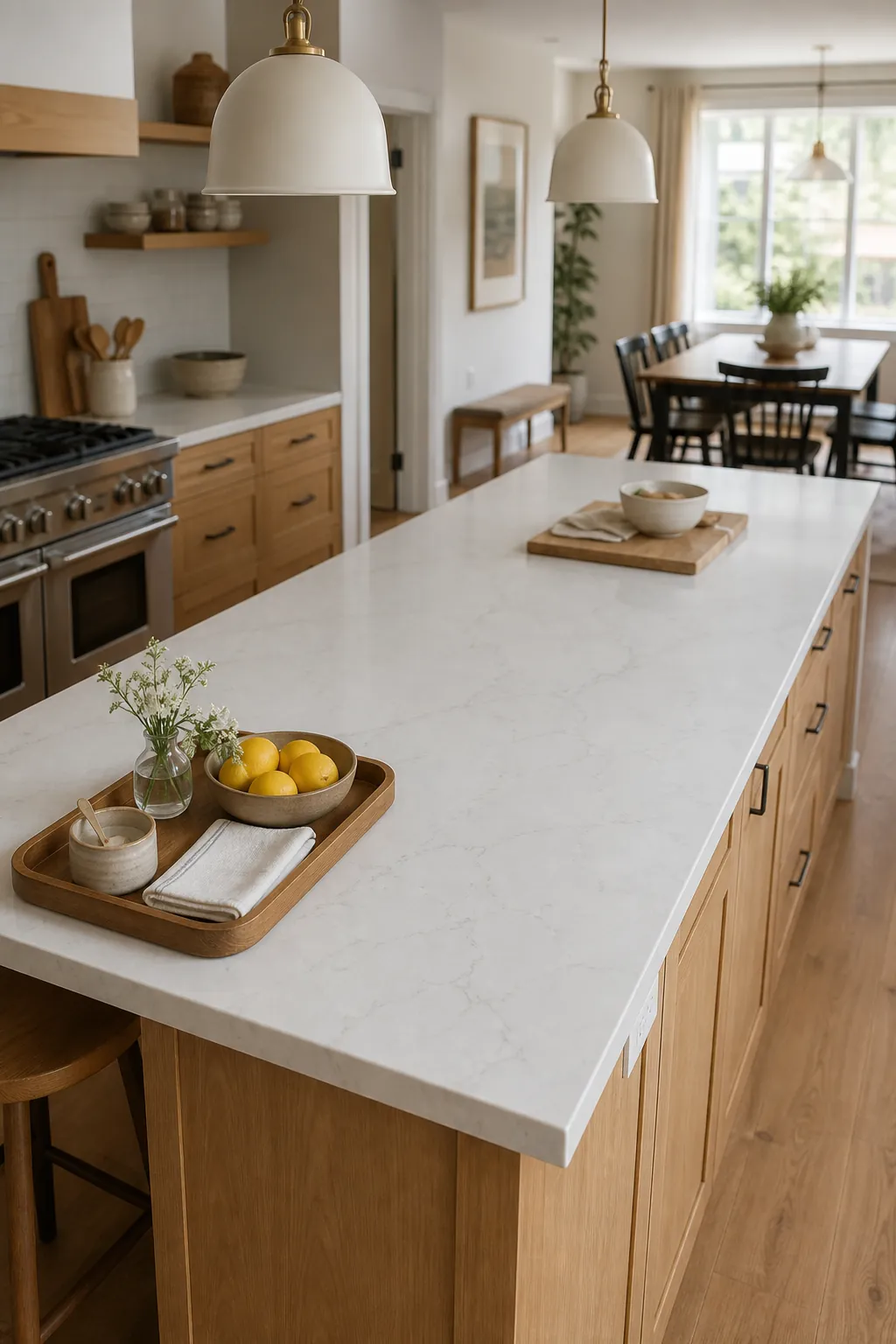 A practical kitchen island with one styled tray zone and a wide clear prep lane