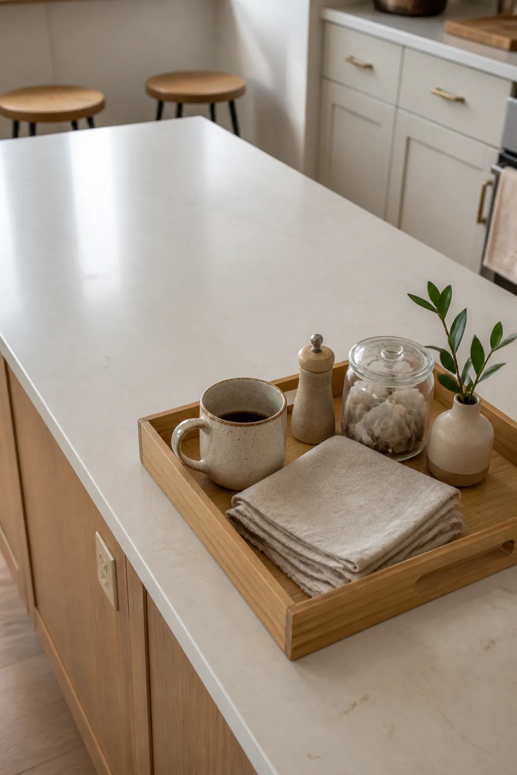 Kitchen island decor with a bamboo tray holding everyday coffee, napkins, and seasonings