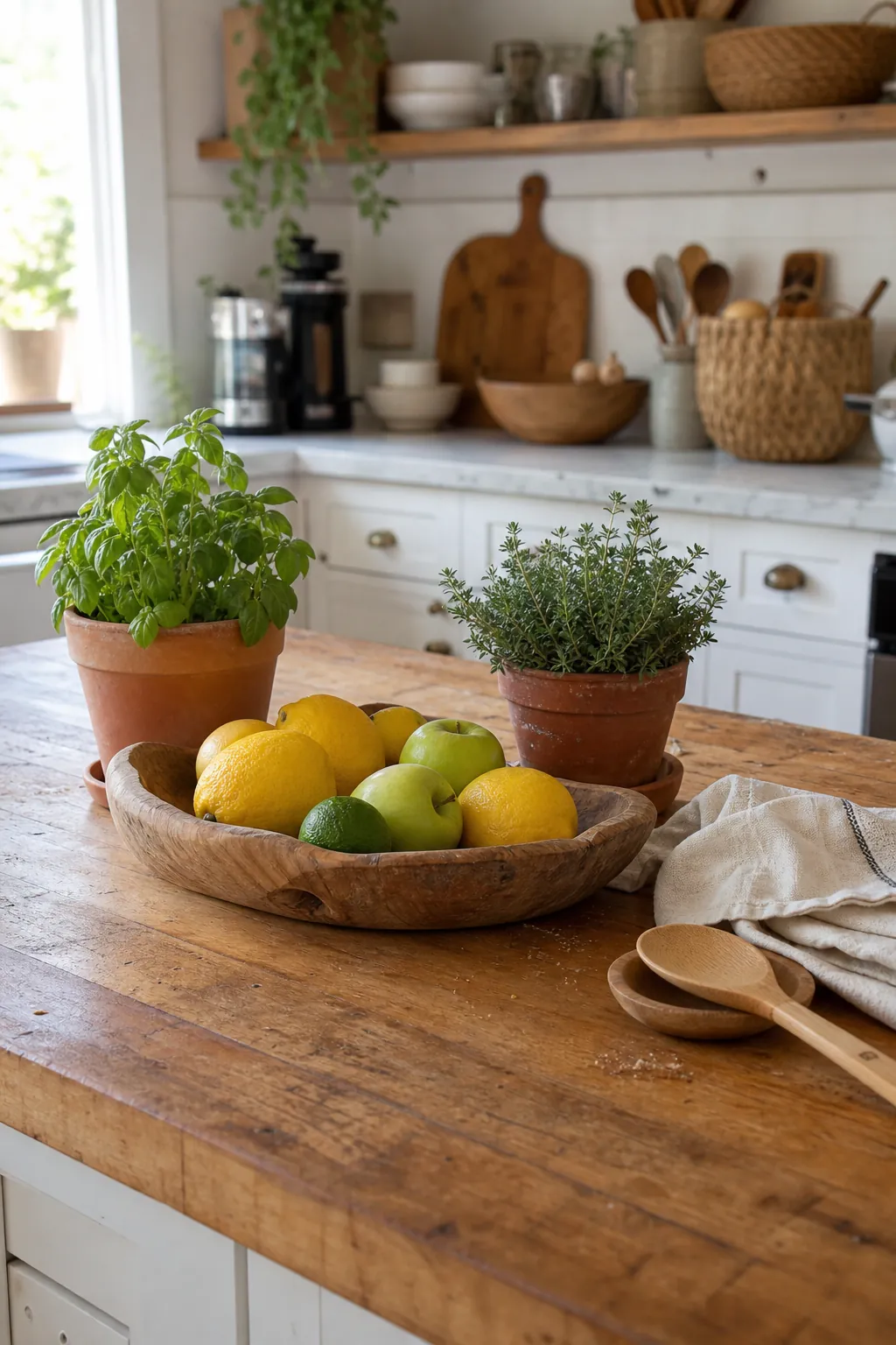 Natural kitchen island decor with a fruit bowl and small potted herbs