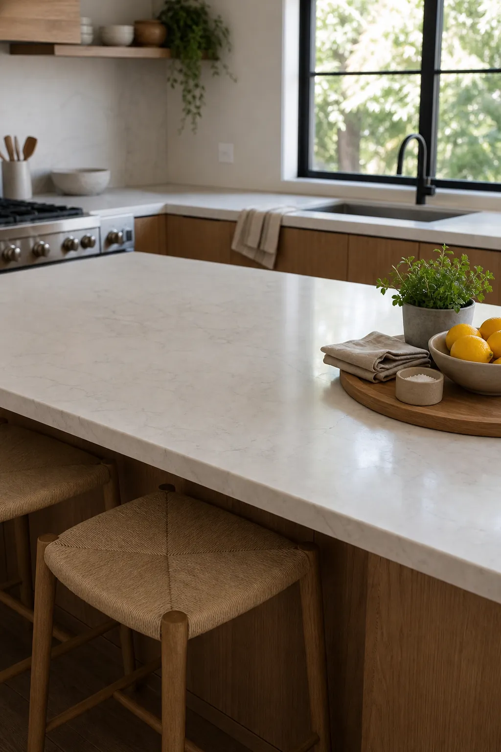 Kitchen island decor arranged for real daily use with a clear prep surface