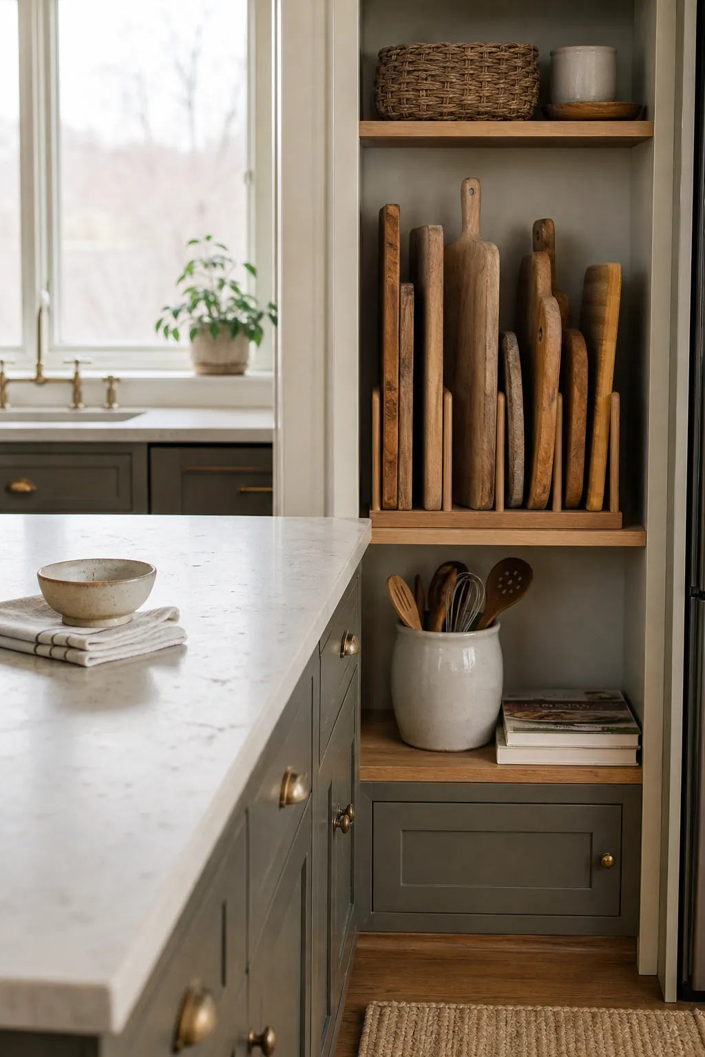Kitchen island with cutting boards stored upright beside open shelving