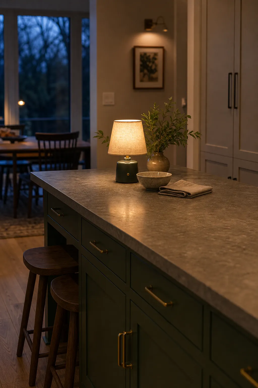 Warm kitchen island styling with a small lamp and uncluttered counter decor