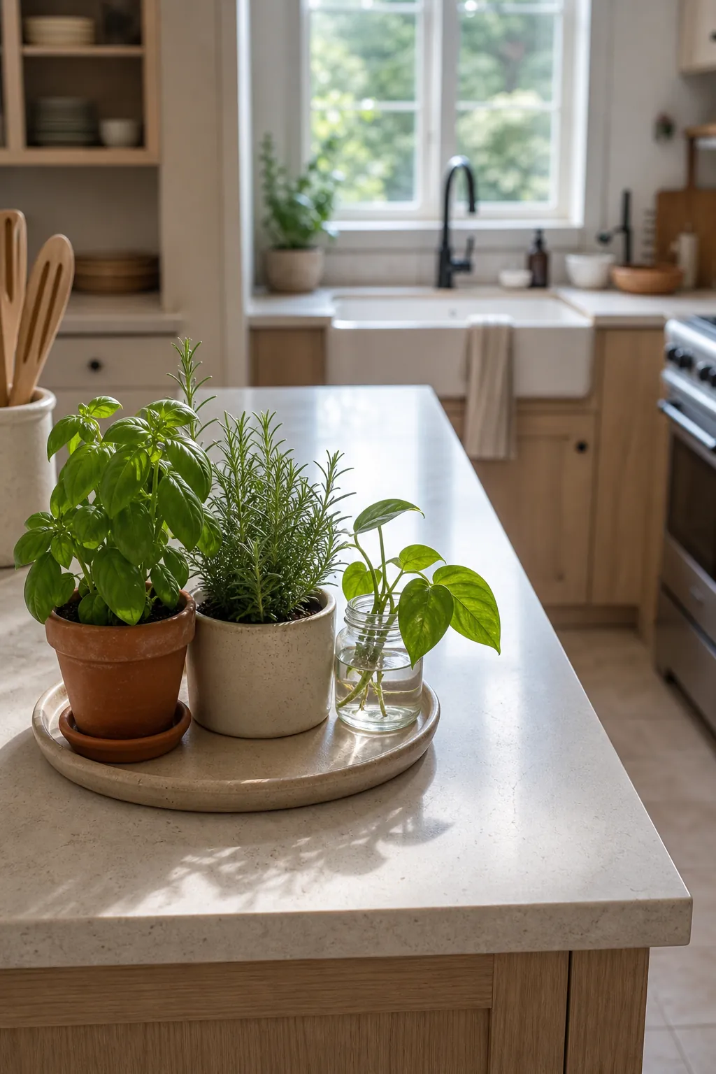 Kitchen plants styled at the end of an island near a bright window