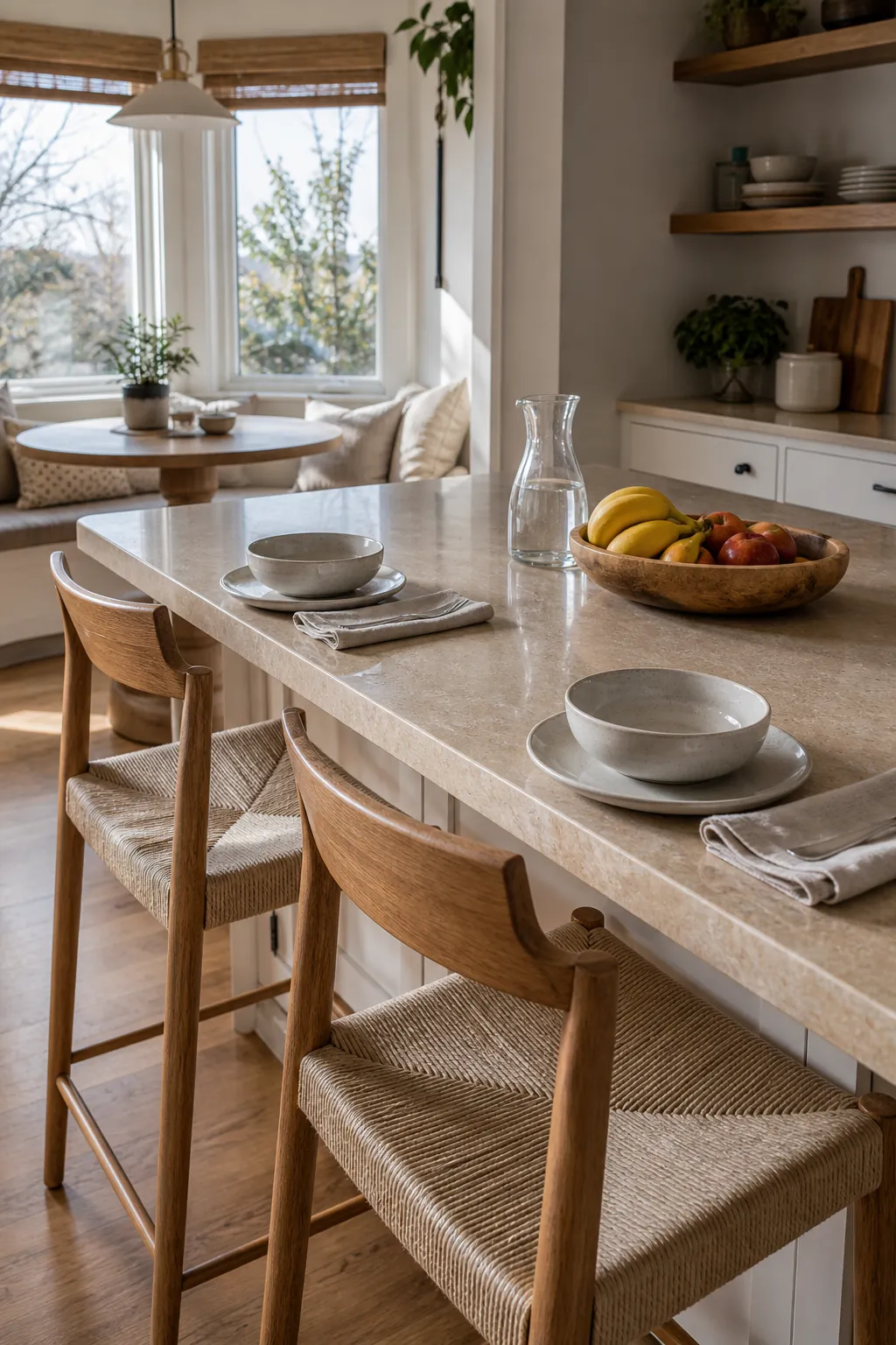 Kitchen island decor that supports breakfast nook seating and daily meals