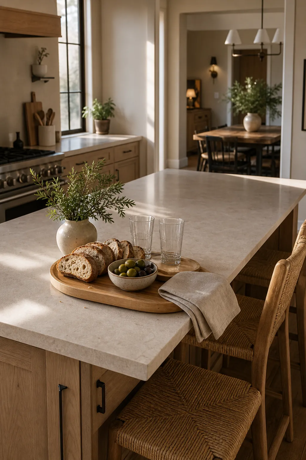 Kitchen island styled for easy entertaining with serveware and an open work surface
