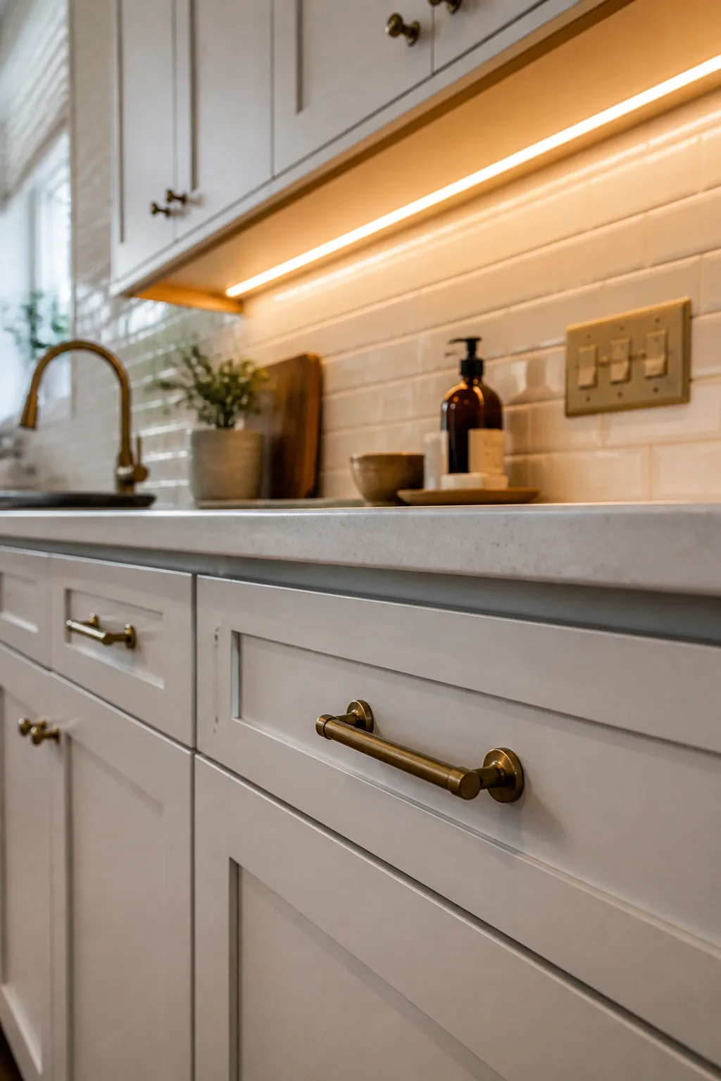 Close view of upgraded kitchen cabinet hardware and warm under cabinet lighting in a simple kitchen