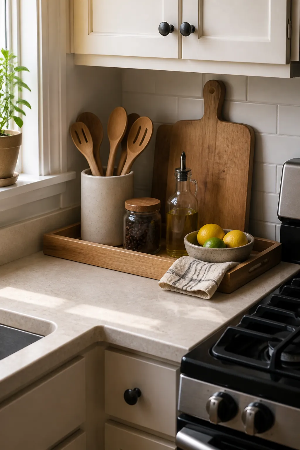Styled kitchen counter zones with a wood tray, ceramic crock, cutting board, and tidy everyday items
