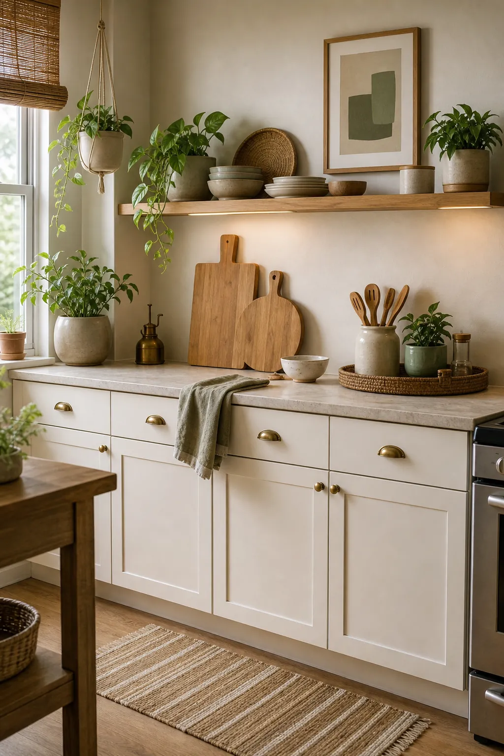 Plain kitchen styled with a calm natural palette of wood, cream, brass, and green accents