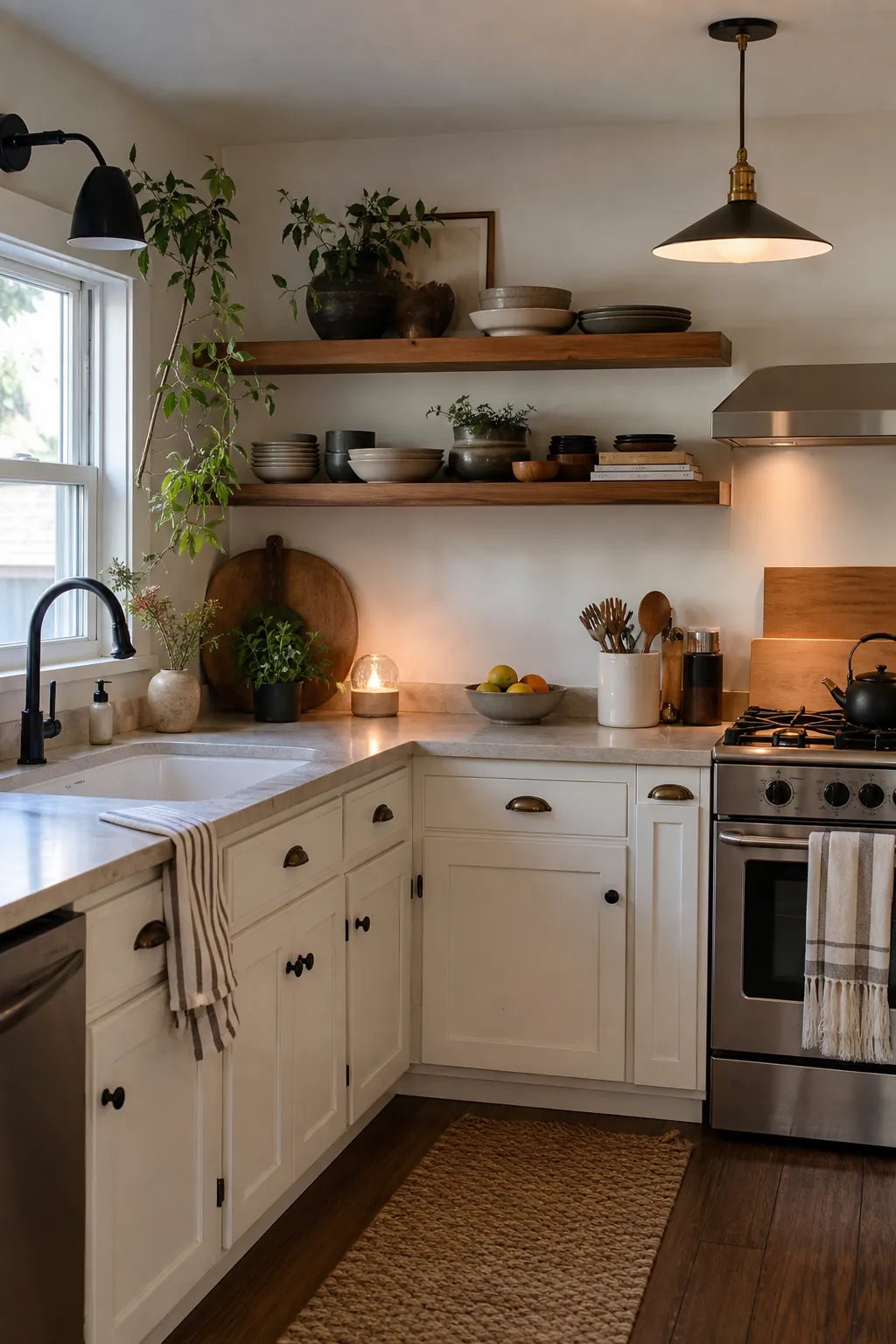 Plain kitchen made to feel more designed with natural textures, warm light, plants, and open shelving