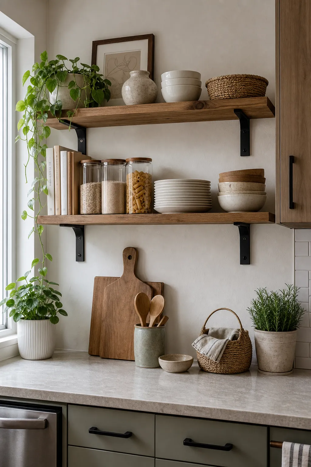 Natural kitchen open shelving styled with neutral dishes, glass jars, woven baskets, and a small plant