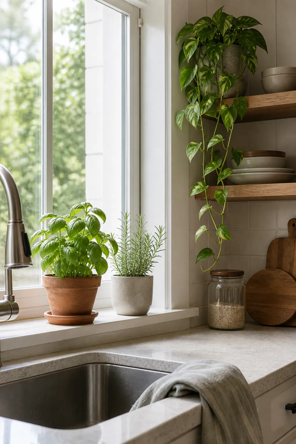 Kitchen plants and fresh herbs styled near a bright window in a calm natural kitchen