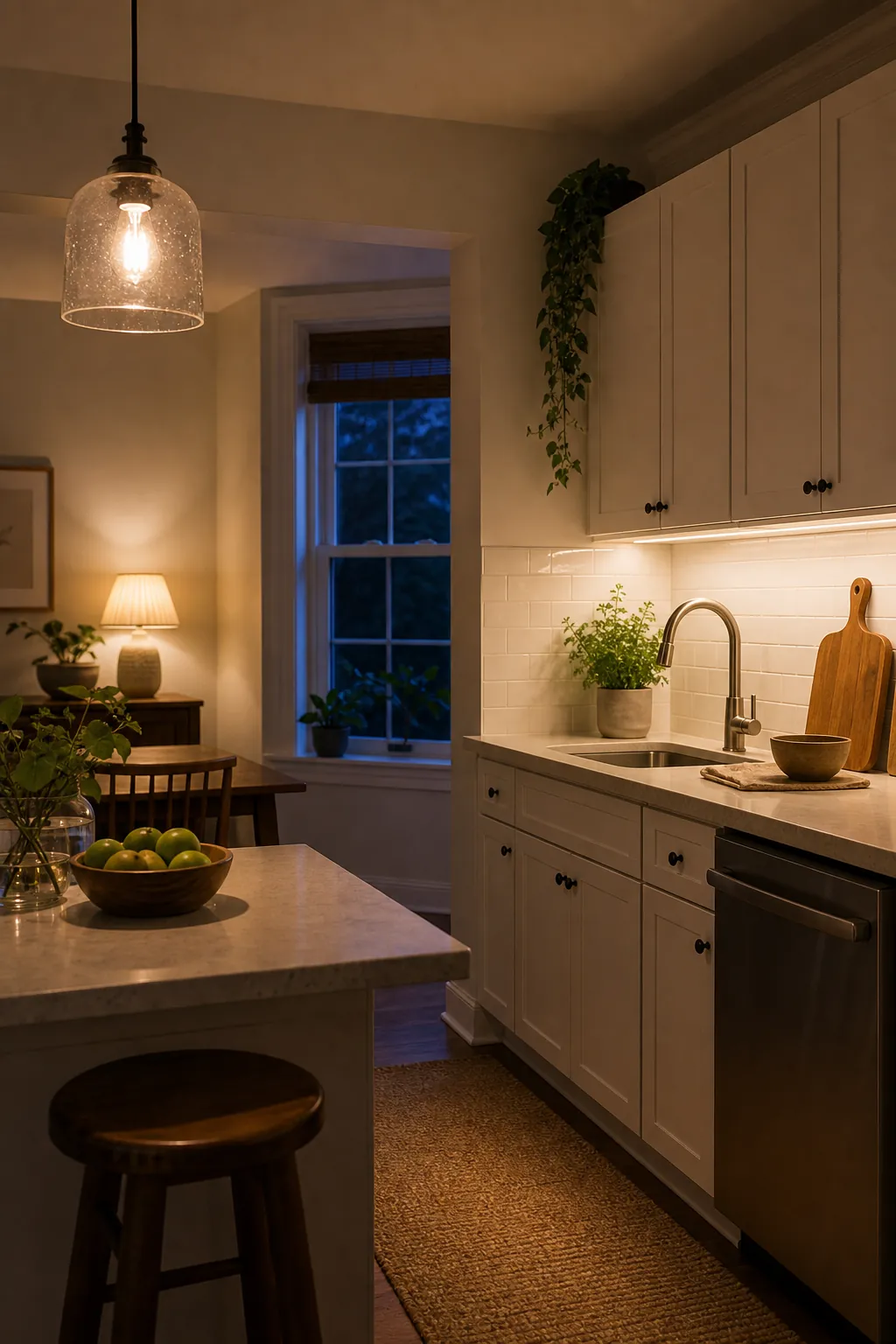 Small kitchen with warm layered lighting from pendant lights and under cabinet task lights