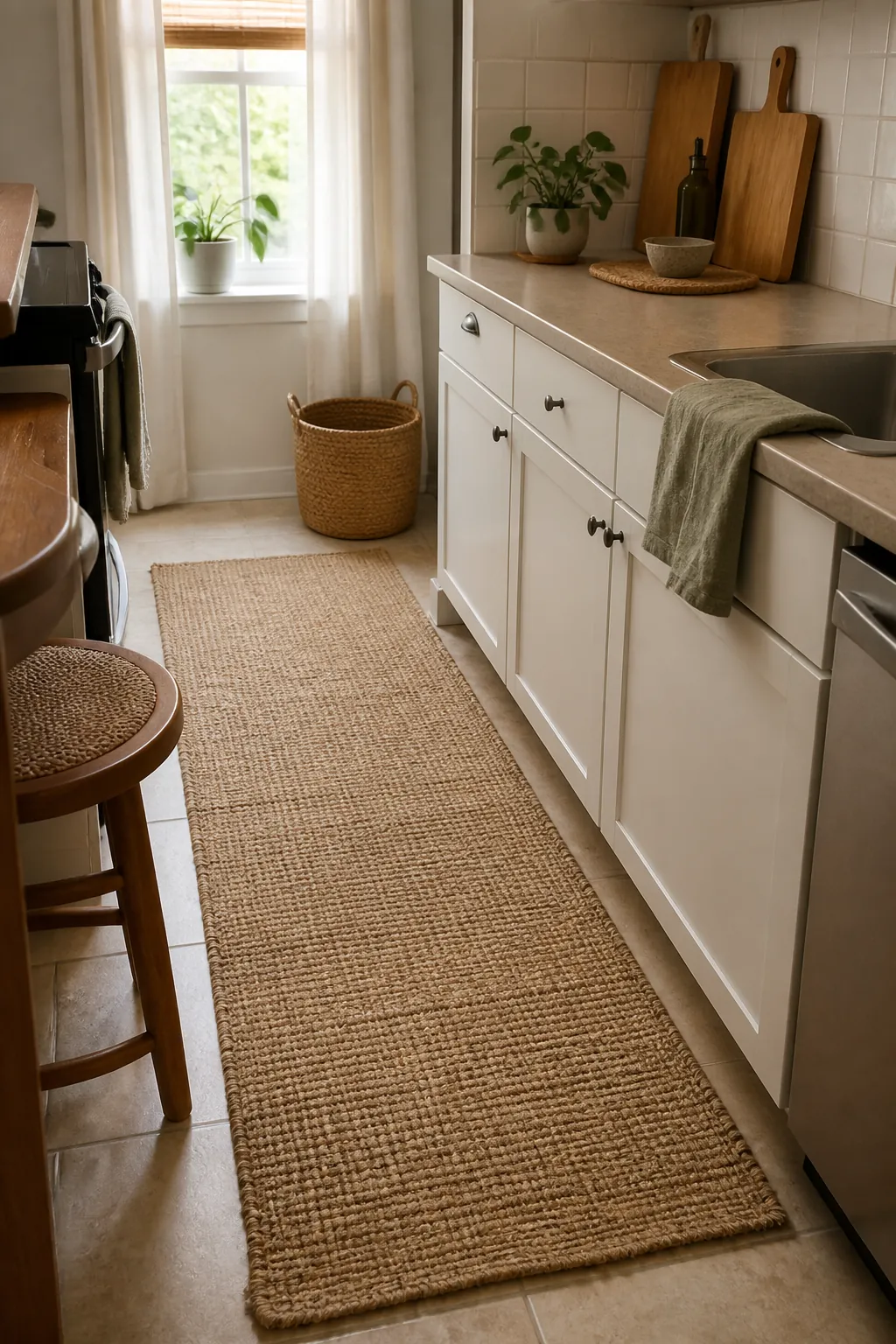 Plain kitchen warmed with a natural fiber runner, bamboo cutting boards, cane stool, and woven basket texture