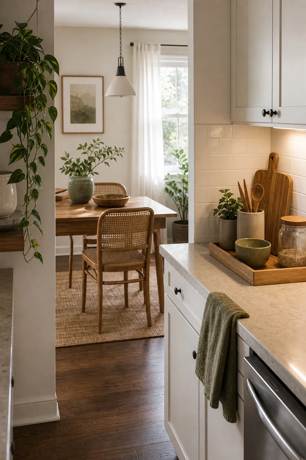 Kitchen and dining room decor connected with repeated wood tones, woven chairs, plants, and warm neutral colors