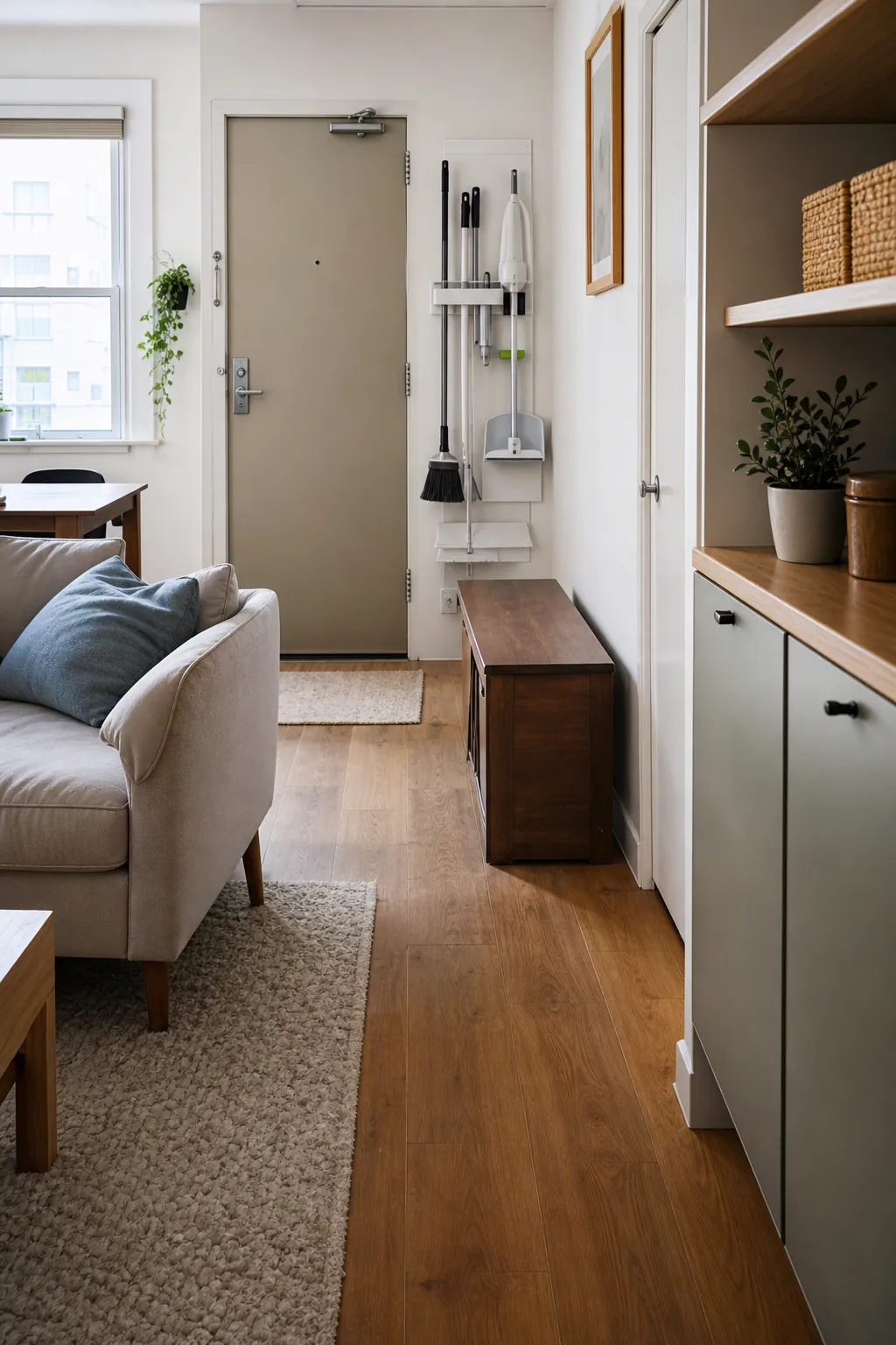 Small apartment with cleaning-friendly storage, clear floors, closed cabinets, and organized baskets
