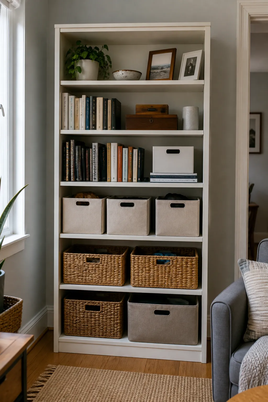 Tall bookcase in a small apartment with baskets on lower shelves and calm display shelves above