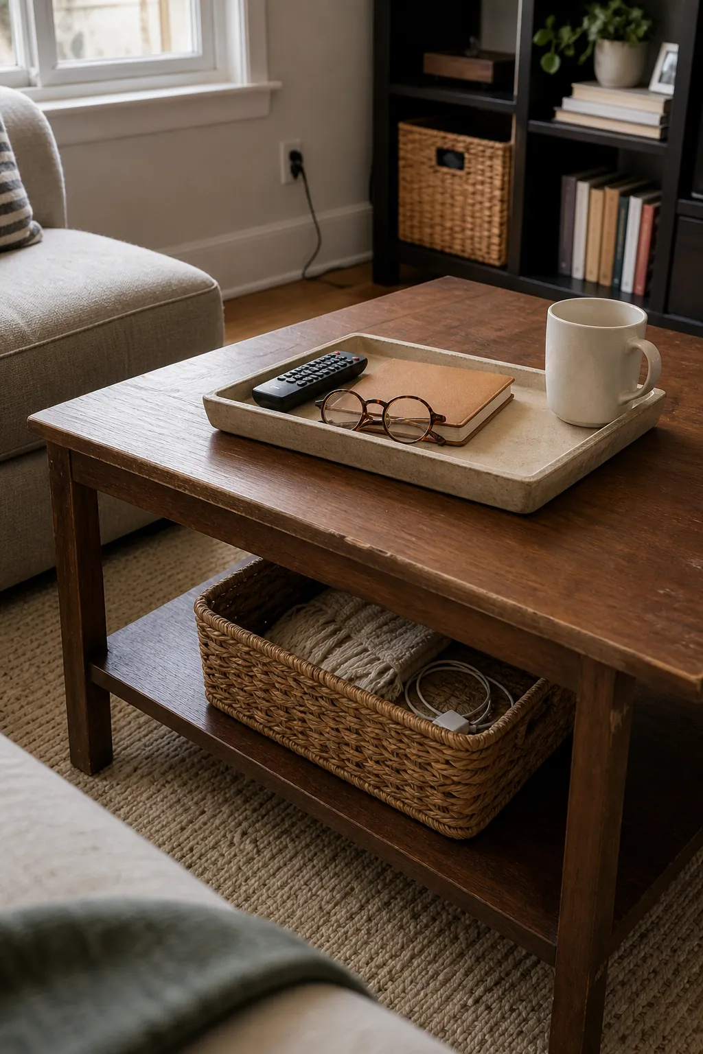 Small living room coffee table used as a daily reset station with tray and basket storage