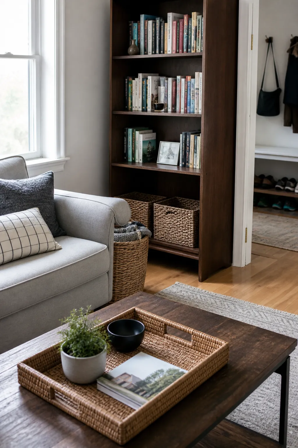 Small apartment living room showing furniture used for simple small space storage