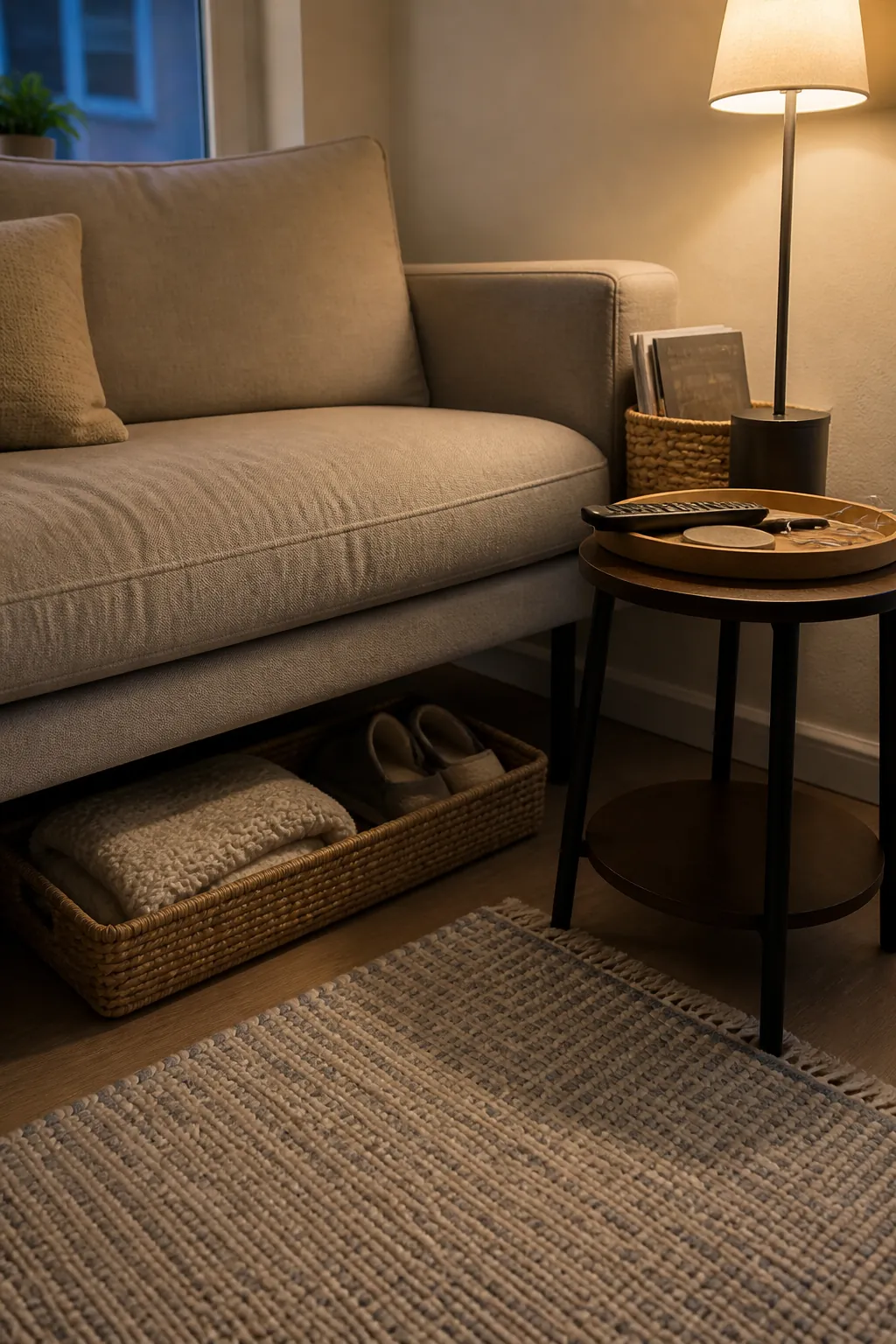 Small sofa area with low woven baskets and a side table tray used for hidden storage