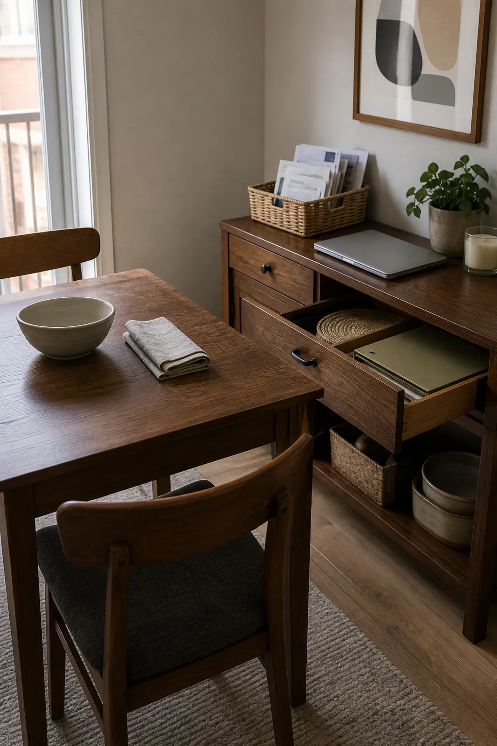 Compact dining area with a sideboard organized as a command center for papers and table supplies