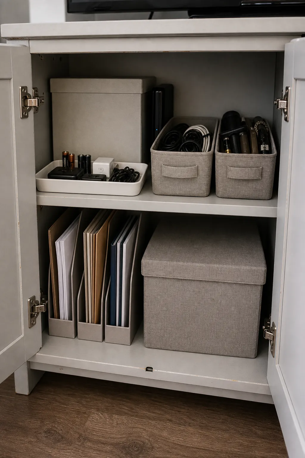 Inside of a small cabinet divided with bins trays and upright files for home organization